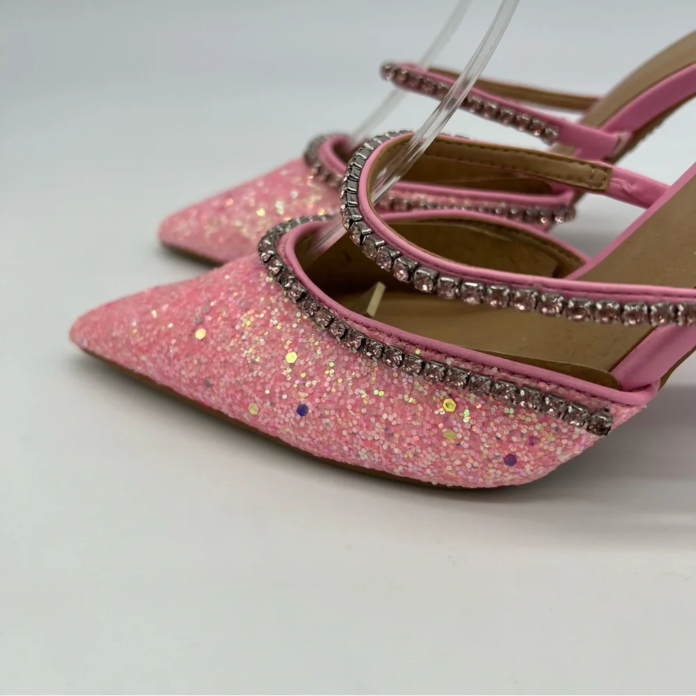 INC International Concepts Gylana Pink Glitter Mule Heels/Rhinestone Straps - Picture 5 of 15